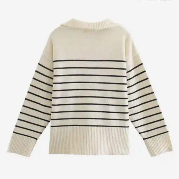 Zara Inspired Women Oversized Striped Sweater Long Sleeve Half Zip Pullover - Picture 2 of 5